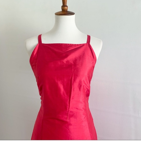 Deadstock 90s 100% Silk Square Neck Watermelon Pink Summer Midi Dress - Picture 2 of 5